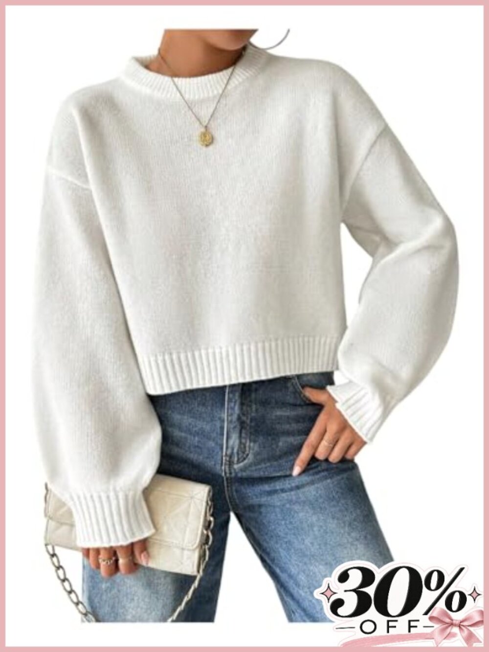 Oversized Cropped Sweater Long Sleeve Acrylic Knit Pullover